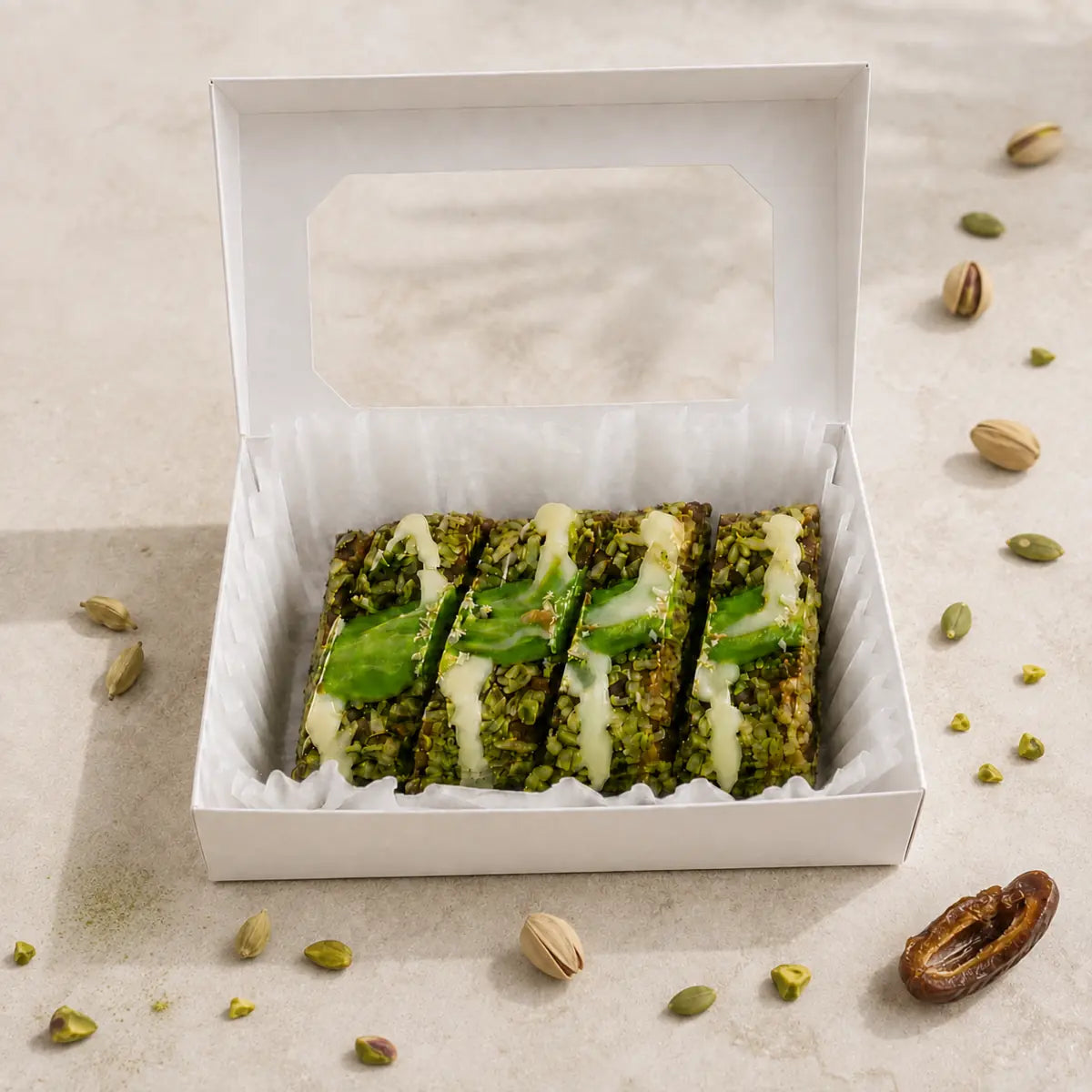 Dadelrol met Pistache en Matcha